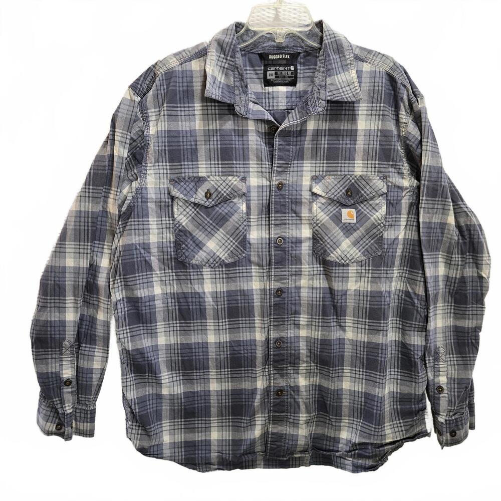 Carhartt Rugged Flex Plaid Shirt Men 2XL Relaxed Fit Blue Light Weight Button Up